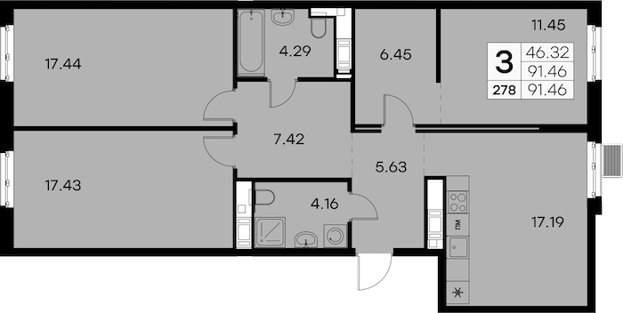 3-комнатная квартира 91.46 м², 5/7 эт., ЖК «Glorax City Балтийская»